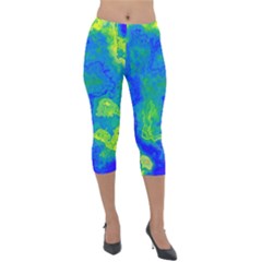 Neon Green Blue Grunge Texture Pattern Lightweight Velour Capri Leggings  by SpinnyChairDesigns