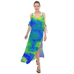 Neon Green Blue Grunge Texture Pattern Maxi Chiffon Cover Up Dress by SpinnyChairDesigns