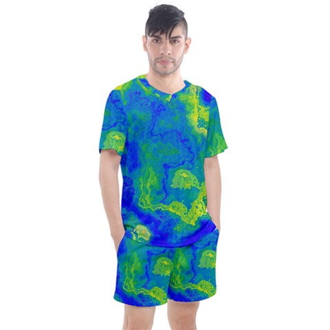 Neon Green Blue Grunge Texture Pattern Men s Mesh Tee And Shorts Set by SpinnyChairDesigns