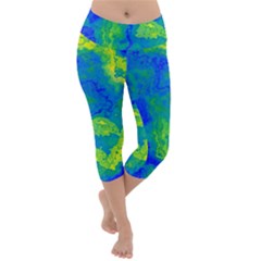 Neon Green Blue Grunge Texture Pattern Lightweight Velour Capri Yoga Leggings by SpinnyChairDesigns