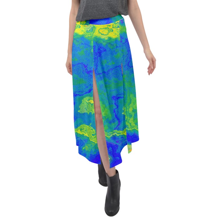 Neon Green Blue Grunge Texture Pattern Velour Split Maxi Skirt