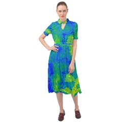 Neon Green Blue Grunge Texture Pattern Keyhole Neckline Chiffon Dress by SpinnyChairDesigns