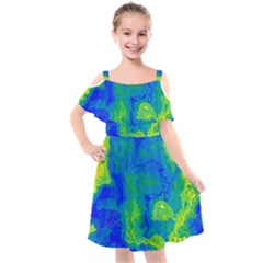 Neon Green Blue Grunge Texture Pattern Kids  Cut Out Shoulders Chiffon Dress by SpinnyChairDesigns