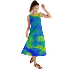 Neon Green Blue Grunge Texture Pattern Summer Maxi Dress by SpinnyChairDesigns