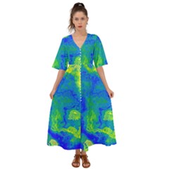 Neon Green Blue Grunge Texture Pattern Kimono Sleeve Boho Dress by SpinnyChairDesigns