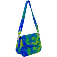 Neon Green Blue Grunge Texture Pattern Saddle Handbag by SpinnyChairDesigns