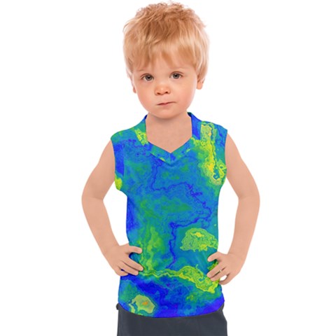 Neon Green Blue Grunge Texture Pattern Kids  Sport Tank Top by SpinnyChairDesigns