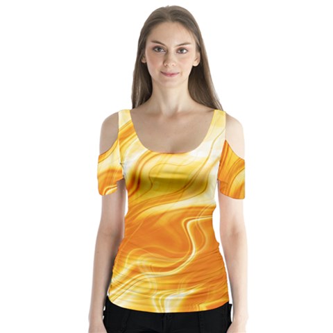 Gold Flames Pattern Butterfly Sleeve Cutout Tee  by SpinnyChairDesigns