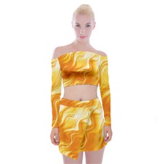 Gold Flames Pattern Off Shoulder Top With Mini Skirt Set by SpinnyChairDesigns