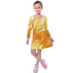 Gold Flames Pattern Kids  Long Sleeve Velvet Dress by SpinnyChairDesigns