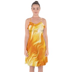 Gold Flames Pattern Ruffle Detail Chiffon Dress by SpinnyChairDesigns