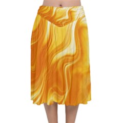 Gold Flames Pattern Velvet Flared Midi Skirt by SpinnyChairDesigns