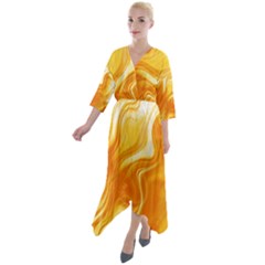 Gold Flames Pattern Quarter Sleeve Wrap Front Maxi Dress by SpinnyChairDesigns