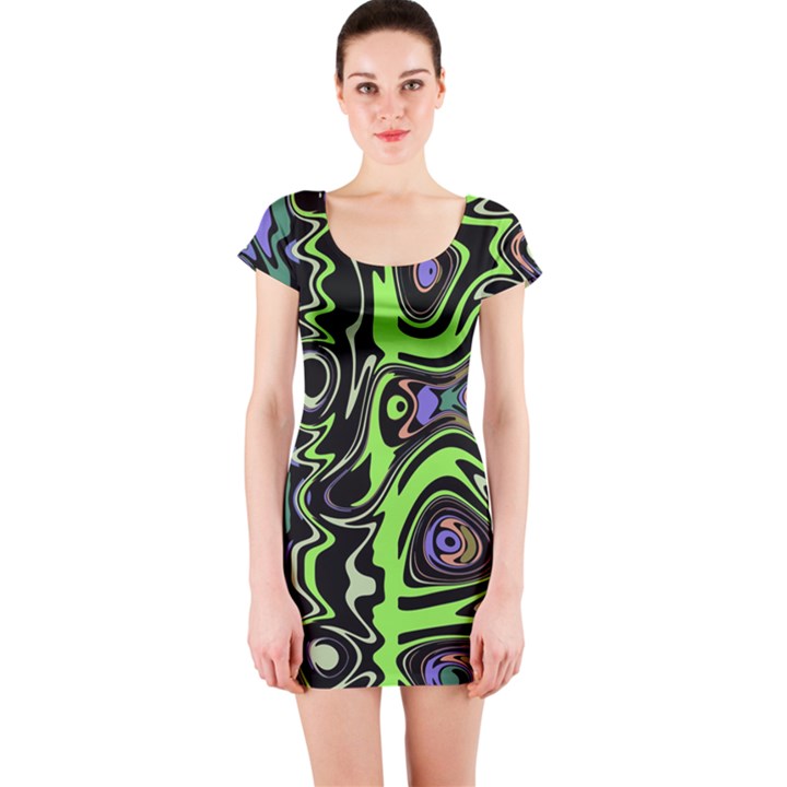 Green and Black Abstract Pattern Short Sleeve Bodycon Dress