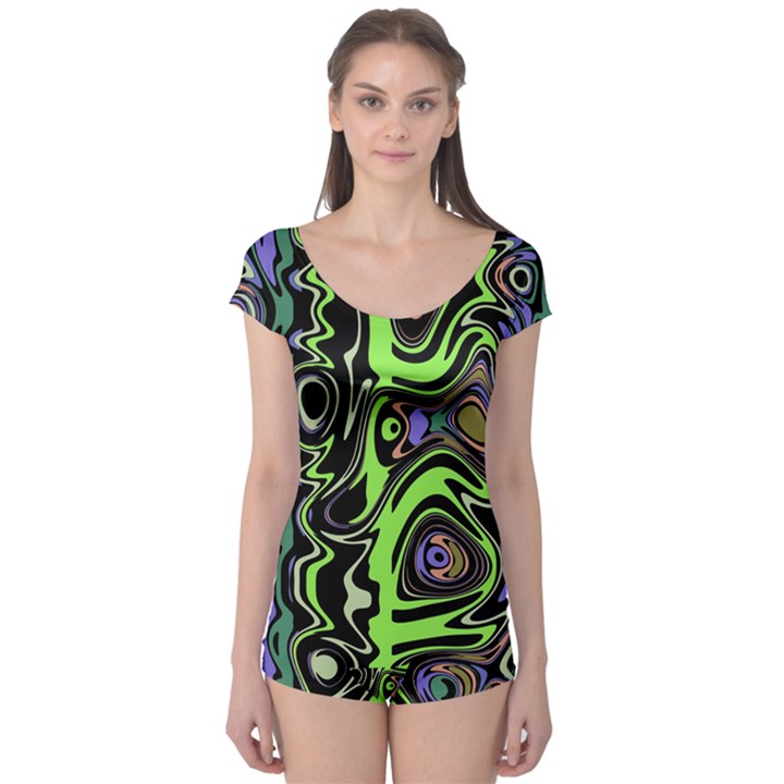 Green and Black Abstract Pattern Boyleg Leotard 