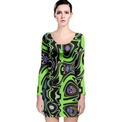 Green And Black Abstract Pattern Long Sleeve Velvet Bodycon Dress by SpinnyChairDesigns