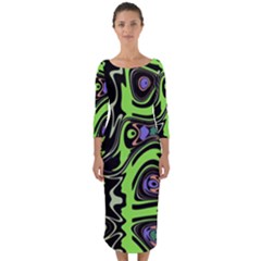 Green And Black Abstract Pattern Quarter Sleeve Midi Bodycon Dress