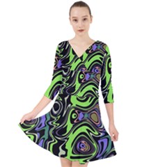 Green And Black Abstract Pattern Quarter Sleeve Front Wrap Dress by SpinnyChairDesigns