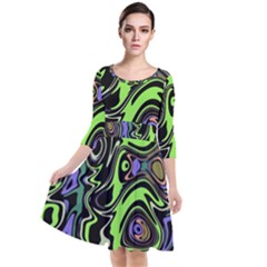 Green And Black Abstract Pattern Quarter Sleeve Waist Band Dress by SpinnyChairDesigns