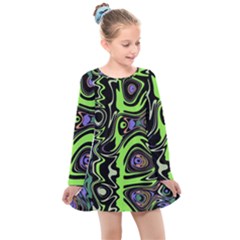 Green And Black Abstract Pattern Kids  Long Sleeve Dress by SpinnyChairDesigns