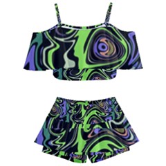 Green And Black Abstract Pattern Kids  Off Shoulder Skirt Bikini by SpinnyChairDesigns