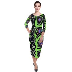 Green And Black Abstract Pattern Quarter Sleeve Midi Velour Bodycon Dress by SpinnyChairDesigns