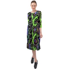 Green And Black Abstract Pattern Ruffle End Midi Chiffon Dress by SpinnyChairDesigns