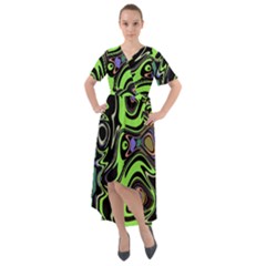 Green And Black Abstract Pattern Front Wrap High Low Dress by SpinnyChairDesigns