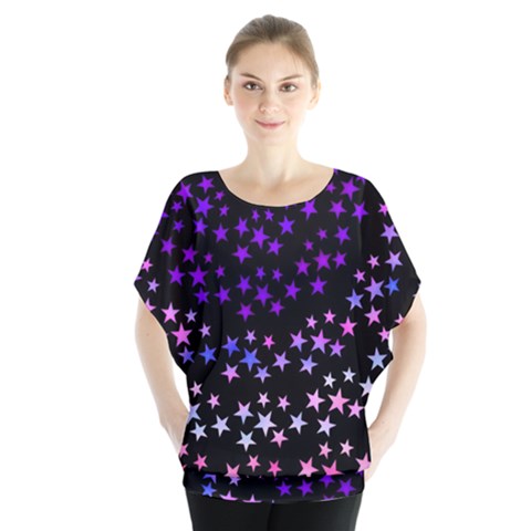 Purple Stars On Black Pattern Batwing Chiffon Blouse by SpinnyChairDesigns