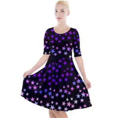 Purple Stars On Black Pattern Quarter Sleeve A-line Dress