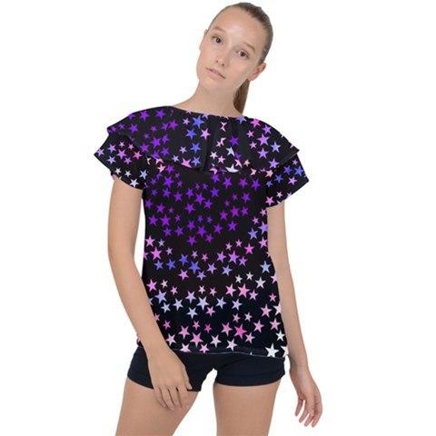 Purple Stars On Black Pattern Ruffle Collar Chiffon Blouse by SpinnyChairDesigns