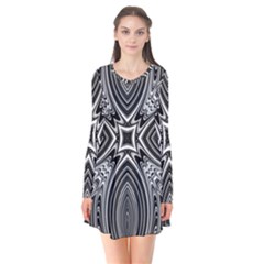 Black And White Intricate Pattern Long Sleeve V-neck Flare Dress by SpinnyChairDesigns