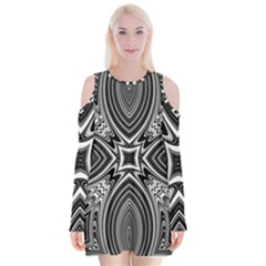 Black And White Intricate Pattern Velvet Long Sleeve Shoulder Cutout Dress by SpinnyChairDesigns