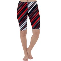 Red Black White Stripes Pattern Cropped Leggings  by SpinnyChairDesigns