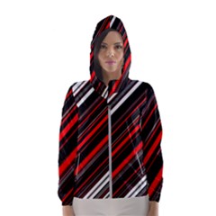 Red Black White Stripes Pattern Women s Hooded Windbreaker by SpinnyChairDesigns