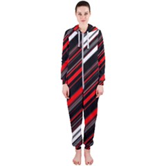 Red Black White Stripes Pattern Hooded Jumpsuit (ladies)  by SpinnyChairDesigns