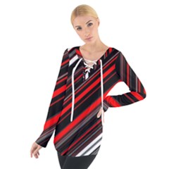 Red Black White Stripes Pattern Tie Up Tee by SpinnyChairDesigns