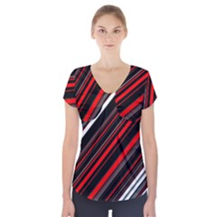 Red Black White Stripes Pattern Short Sleeve Front Detail Top by SpinnyChairDesigns