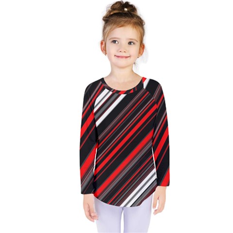 Red Black White Stripes Pattern Kids  Long Sleeve Tee by SpinnyChairDesigns