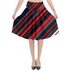 Red Black White Stripes Pattern Flared Midi Skirt by SpinnyChairDesigns