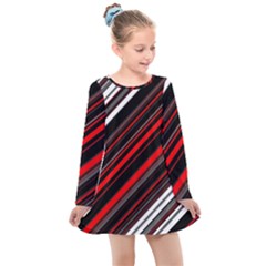 Red Black White Stripes Pattern Kids  Long Sleeve Dress by SpinnyChairDesigns