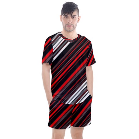 Red Black White Stripes Pattern Men s Mesh Tee And Shorts Set by SpinnyChairDesigns