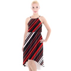 Red Black White Stripes Pattern High-low Halter Chiffon Dress  by SpinnyChairDesigns