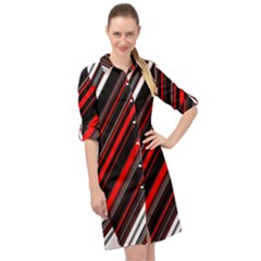 Red Black White Stripes Pattern Long Sleeve Mini Shirt Dress by SpinnyChairDesigns