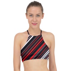 Red Black White Stripes Pattern Racer Front Bikini Top by SpinnyChairDesigns