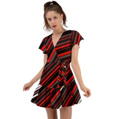 Red Black White Stripes Pattern Flutter Sleeve Wrap Dress by SpinnyChairDesigns