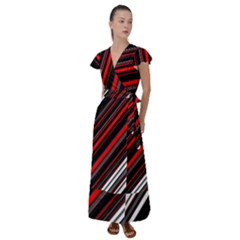 Red Black White Stripes Pattern Flutter Sleeve Maxi Dress by SpinnyChairDesigns