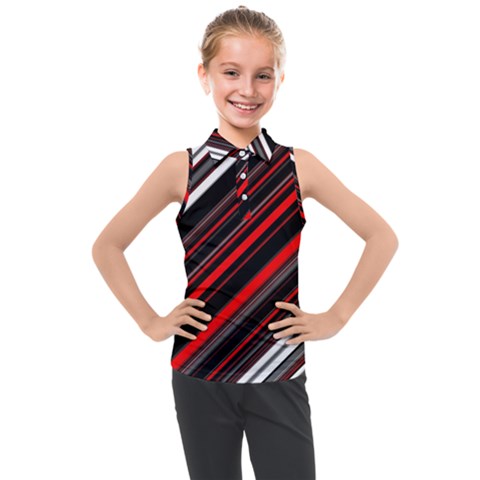 Red Black White Stripes Pattern Kids  Sleeveless Polo Tee by SpinnyChairDesigns