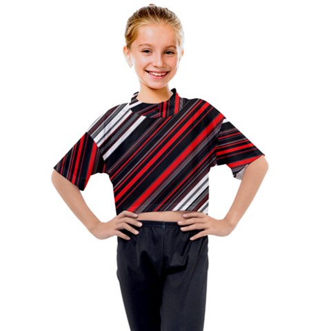 Red Black White Stripes Pattern Kids Mock Neck Tee by SpinnyChairDesigns