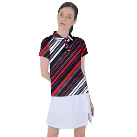 Red Black White Stripes Pattern Women s Polo Tee by SpinnyChairDesigns